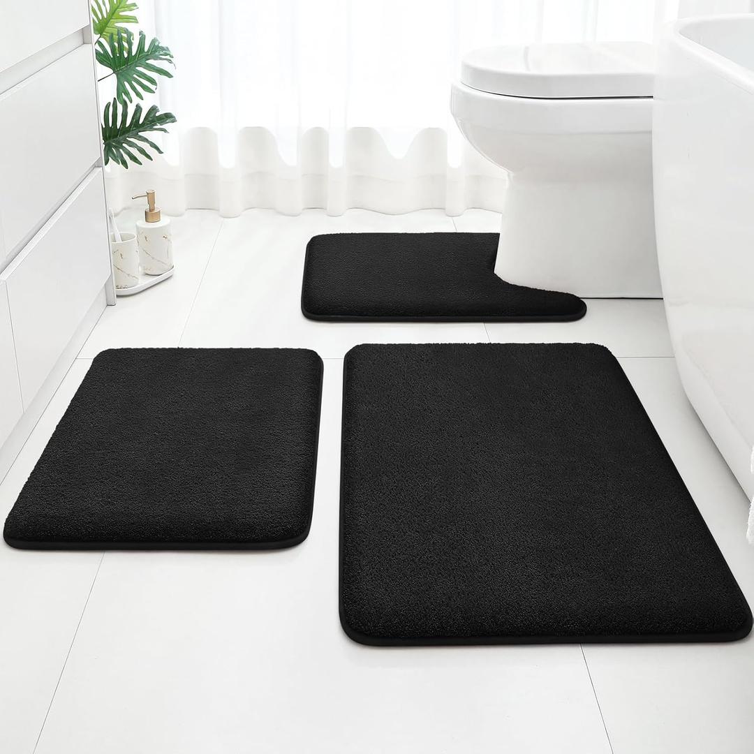 HOMEIDEAS Upgraded Bathroom Rugs Set 3 Piece, Extra Thick Absorbent Soft Memory Foam, Washable Toilet Bath Mat (Black) (17"x24"+20"x32"+U Shape 20"x24")