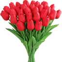 Kisflower 30Pcs Latex Tulips Real Touch Red Artificial Flowers Fake Tulips Arrangement Bouquet for Home Office Wedding Decor (Red)