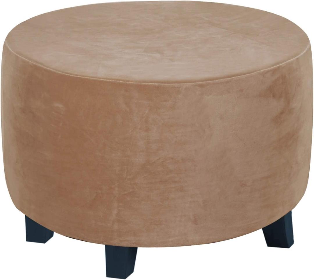 CEYISZHU Velvet Plush Ottoman Cover,Super Stretch Round Ottoman Slipcover Washable Storage Stool Furniture Protector for Living Room (Camel,X-Large)