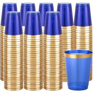 Supernal 100 Pcs Blue Plastic Cups,10 Oz Clear Blue Disposable Cups with Gold Trim,Plastic Cocktail/Drink/Bridal Shower/Baby Shower Cups for Party,Wedding and Birthday,Cute Disposable Cup