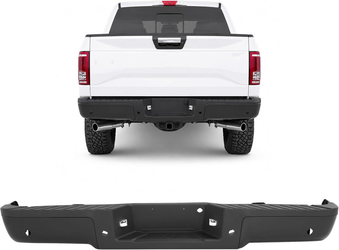 ALMULOO Rear Step Bumper Compatible with 2009-2014 Ford F150 Styleside W/Park Sensor Holes&License Plate Bulbs Replace For FO1103167 Steel+Plastic Powder Coated Black