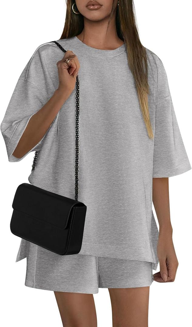 PRETTYGARDEN Women's 2 Piece Lounge Sets 2025 Summer Short Sleeve Tunic Tops Drawstring Shorts Matching Outfits Tracksuits (Grey,Small) (S)