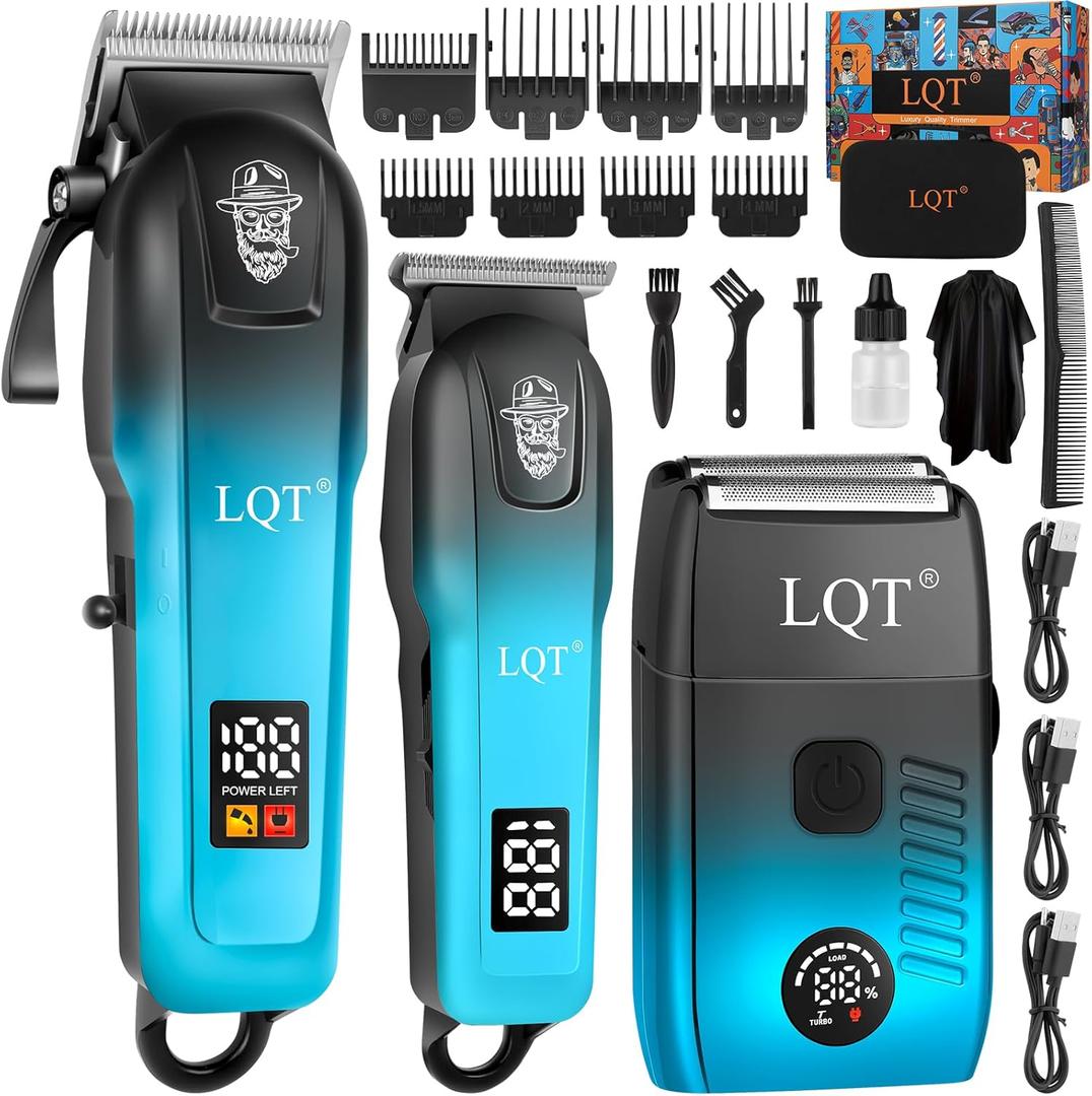 Professional Hair Clippers for Men, Cordless Barber Clippers with Precision Trimmer and Dual Foil Shaver,LED Display, Electric Hair Cutting Machine, Men’s Grooming Kit, Gradient Blue, Gift for Him