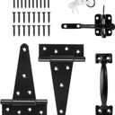 HILLMASTER Heavy Duty Gate Latch Door Handle Hardware Kit for Wooden Fence, Self-Closing Gate Latch with Pull String, Decorative Metal Gate Pull Handle, 2 Pack 6in T-Strap Gate Hinges, Black Finish