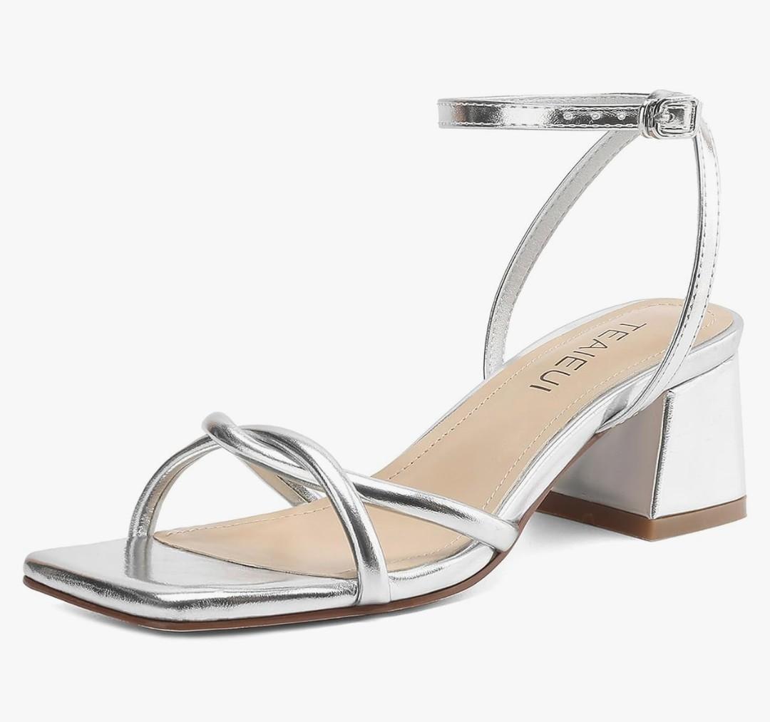 Women's Sandals Strappy Heels for Women Dressy Open Square Toe Comfort Chunky Block Heel Dress Shoes for Prom Party Wedding Size 7