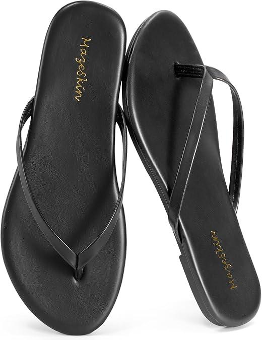 mazeskin Womens Memory Foam Flip Flops Flat Thong Sandals Soft Vegan Leather Comfortable Cushioned Casual Dressy Beach Summer Minimalist Slim Slide Shoes Indoor Outdoor 11