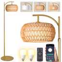 DRAWNCAT Gold Boho Rattan Floor Lamp w/Remote, Dimmable (2700K - 6000K), 2 - in - 1 Wicker & Fabric Shade, Adjustable 165-172cm for Living Room & Bedroom, Missing Remote