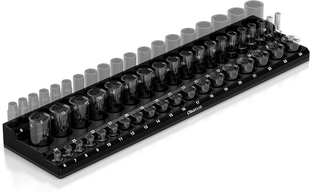 Olsa Tools Magnetic Socket Organizer (3/8-Inch Drive, 3 Row) - Magnetic Tool Organizer & Socket Holder - Tool Box Socket Organizers - Metric Black - Holds 54 Sockets - Professional Grade - Part: 1553