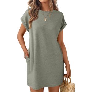 LILLUSORY Womens Summer Casual Short Sleeve T Shirt Dress 2025 Spring Vacation Beach Mini Sundress Loose Clothes with Pockets (Small, Grey)
