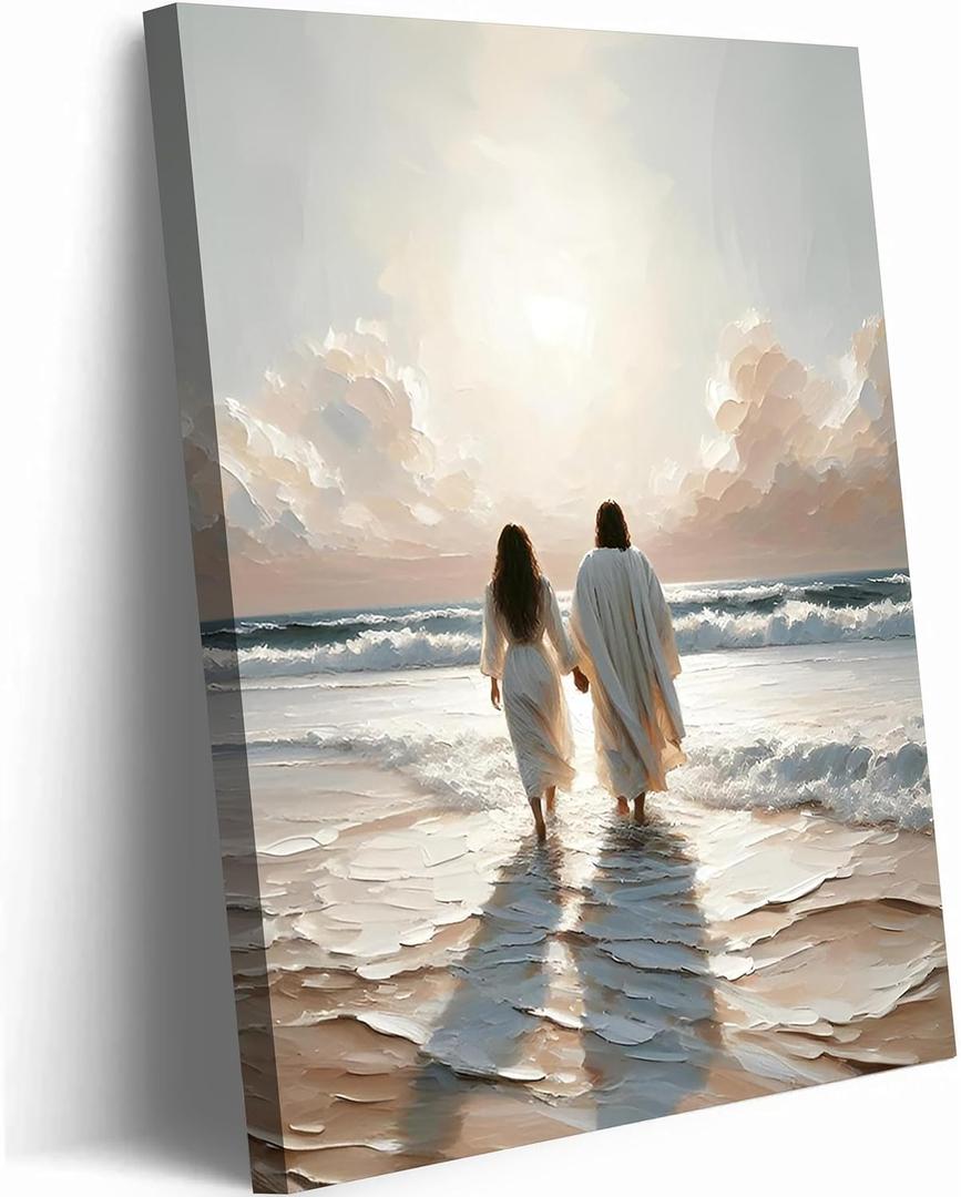 Jesus Canvas Wall Art Jesus Woman Walking on Water Wall decor pictures Religious Coastal Painting Christian poster prints for living room bedroom Home Decoration Ready to hang (12inx16in Canvas)