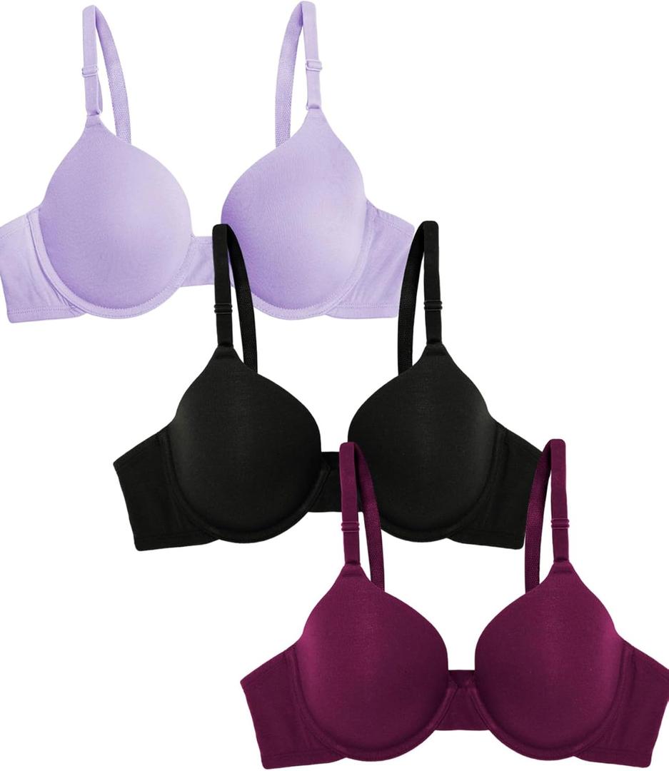 Fruit of the Loom Women's Smooth Cotton T-Shirt Bra Pack - Ultra-Soft, Flexible, and Invisible Under Tees (36B, Lilac Whisper/Purple Velvet/Black)