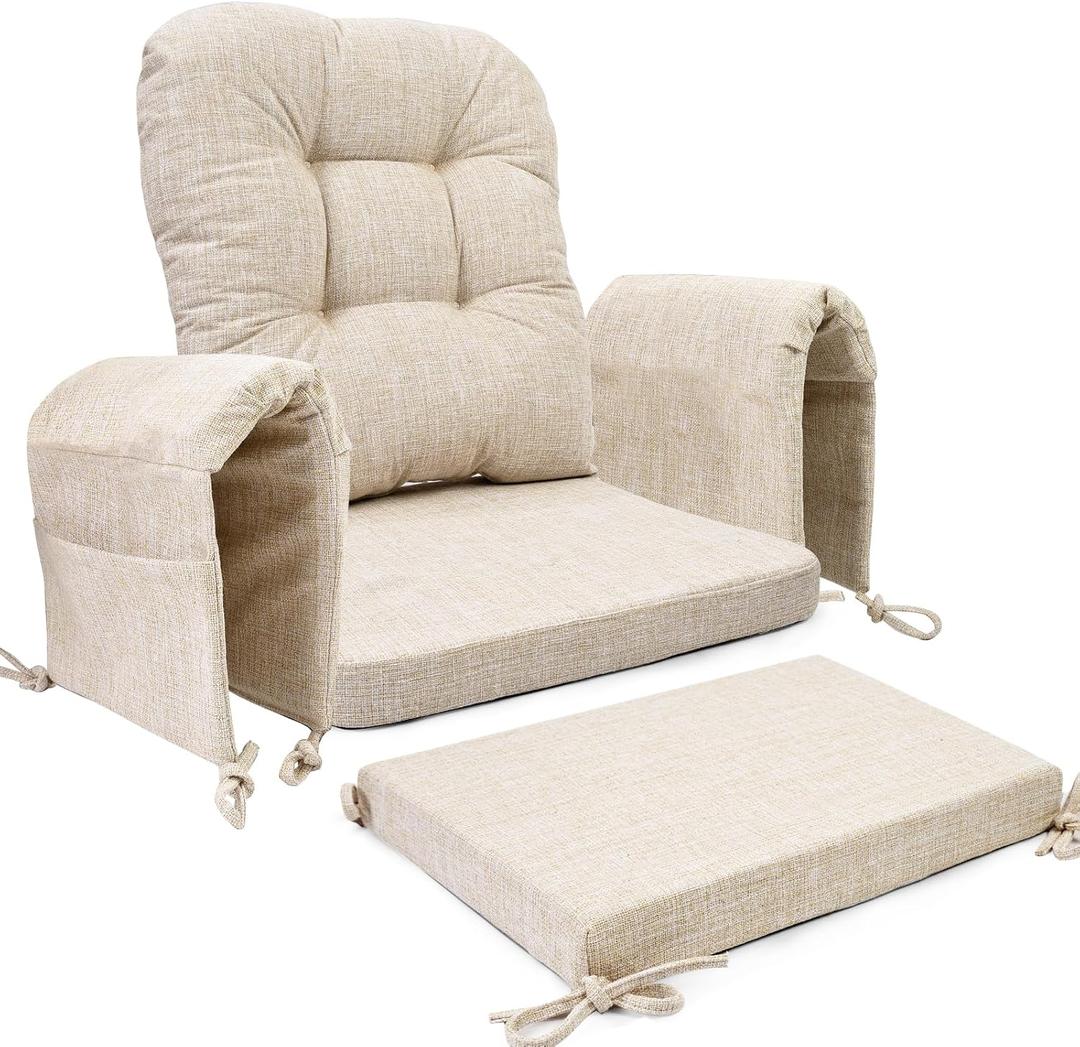 SINOSSO Glider Rocker Cushion Set (5 Pcs), Soft Blended Fabric High-Density Support Foam Seat Cushions with Ties, Fits Rocking Chair/Nursery Glider & Ottoman, Beige