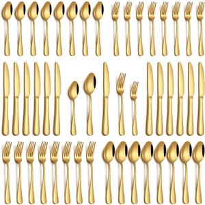 PHILIPALA 40 Piece Gold Silverware Set, Stainless Steel Flatware Set for 8 Food Grade Cutlery Utensil Set Include Knife Fork Spoon Mirror Polished Dishwasher Safe