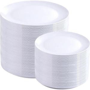 PULOTE 200 Pieces White Plastic Plates Disposable - Include 100PCS 10 inch Dinner & 100PCS 7 inch Dessert Plates, Ideal for Party & Wedding
