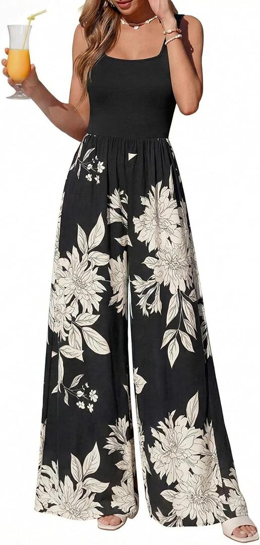 KIRUNDO Jumpsuits for Women Dressy Romper Summer One Piece | Sleeveless Boho Floral Jumpsuits, Wide Leg Pants Rompers, Beach Vacation Cruise Outfits, Resort Wear, Airport Travel Clothes (L)