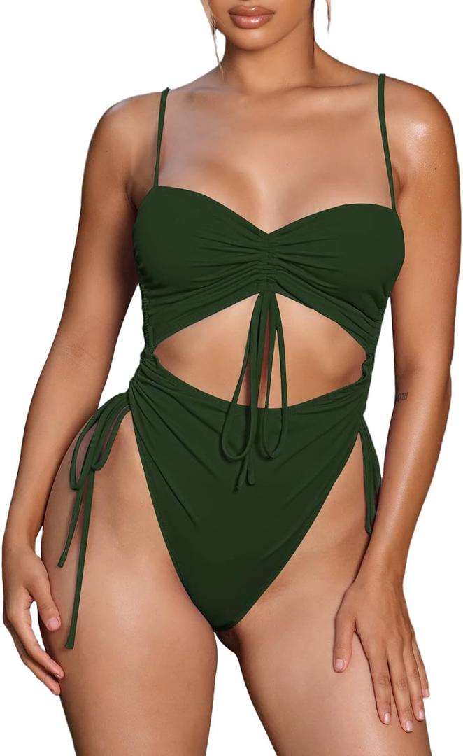 Viottiset Women's Cut Out Drawstring One Piece Swimsuit Cheeky High Cut Bathing Suit (Green, Large)