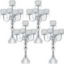 Set of 4 Candlesticks 5 Arm Crystal Strap Pendant Silver Table Decor Candelabra, 22.5 inches Elegant Dining Room Centerpieces for Holiday Parties Weddings (4, Silver)