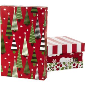 Hallmark Medium Christmas Gift Boxes with Lids (12 Shirt Boxes, 4 Designs: Trees, Stripes, Snowmen, Holly) for Christmas, Holiday Parties, Hostess Gifts