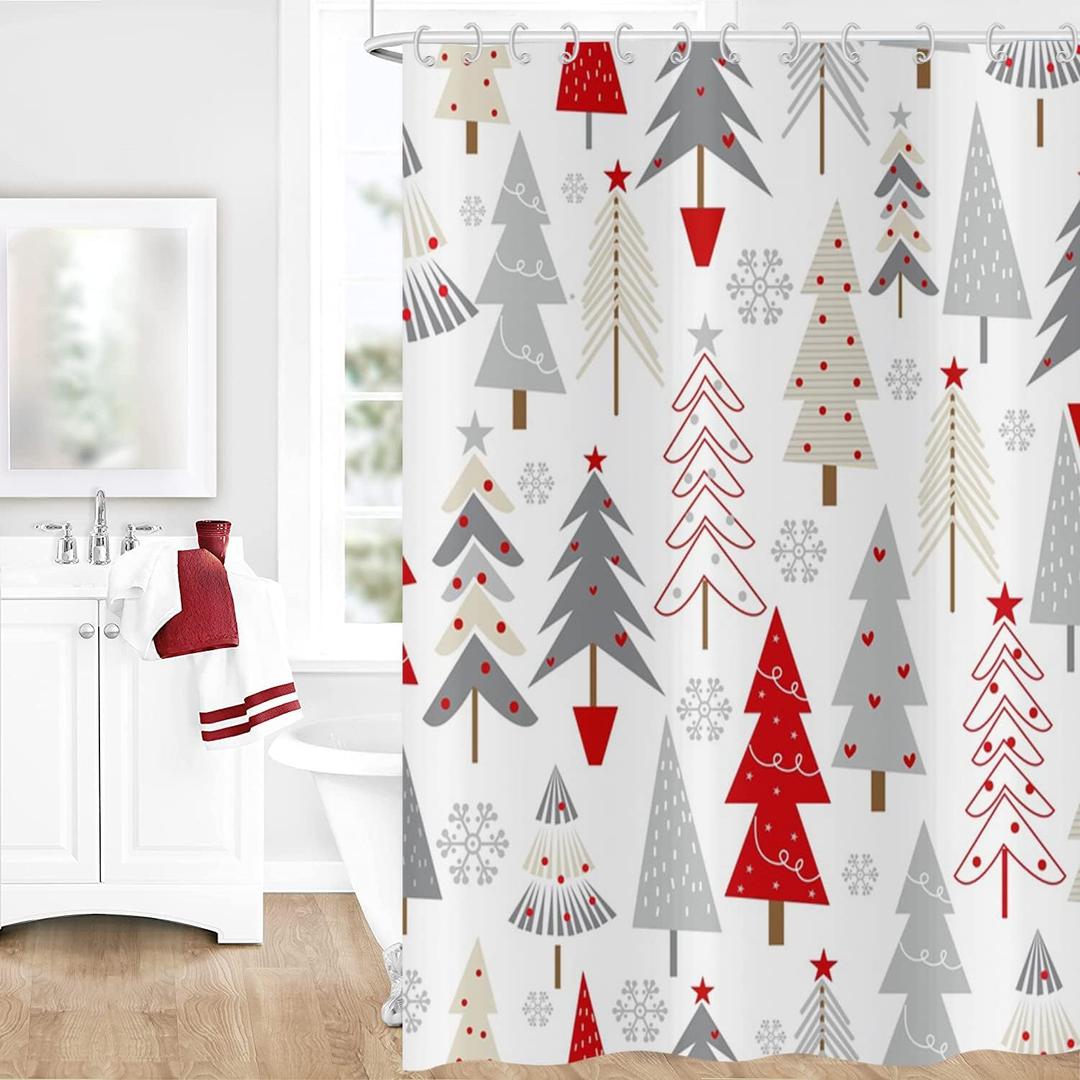 Christmas Tree Shower Curtain, Grey Beige Red Xmas Tree with Stars Snowflake Cute Bathroom Curtain for Boys Girls Bathtub Decor Waterproof Washable Fabric with 12 Hooks, 72''Lx72''W