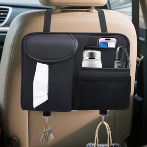 Backseat Car Organizer, Leather Rear Seat Organizer with Tissue Box and Hooks, Multifunctional Car Behind Seat Storage Bag for Road Trips, Travel Accessories