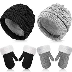 2 Sets Baby Warm Winter Hat and Mitten Gloves Set for Kids Toddler Children Knit Beanie Hat Gloves for Girls Boys(Black, Grey,1-3 Years)