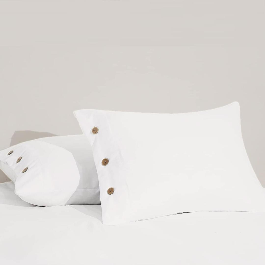 eBeddy Linens Standard Pillowcase Set of 2, White Solid 100% Cotton Pillow Shams 20x26 Inch with Decorative Button Closure Luxury Soft and Breathable Bed Pillow Covers with Envelope Closure