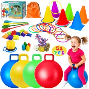 JOY SPOT! Carnival Outdoor Games Combo Set for Kids, 18 Inch Hopper Balls with Handles, Ring Toss, Bean Bags, Egg Spoon Relay Race, Fun for Backyard, Field Day, School, Birthday Parties, Family Events