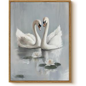 Vintage Romantic Swan Couple Framed Wall Art 12x16 Canvas Print, Two White Swans on Serene Lake with Water Lilies, Rustic Animal Bird Nature Painting Bedroom Hallway Wedding Decor (16L" x 12W")