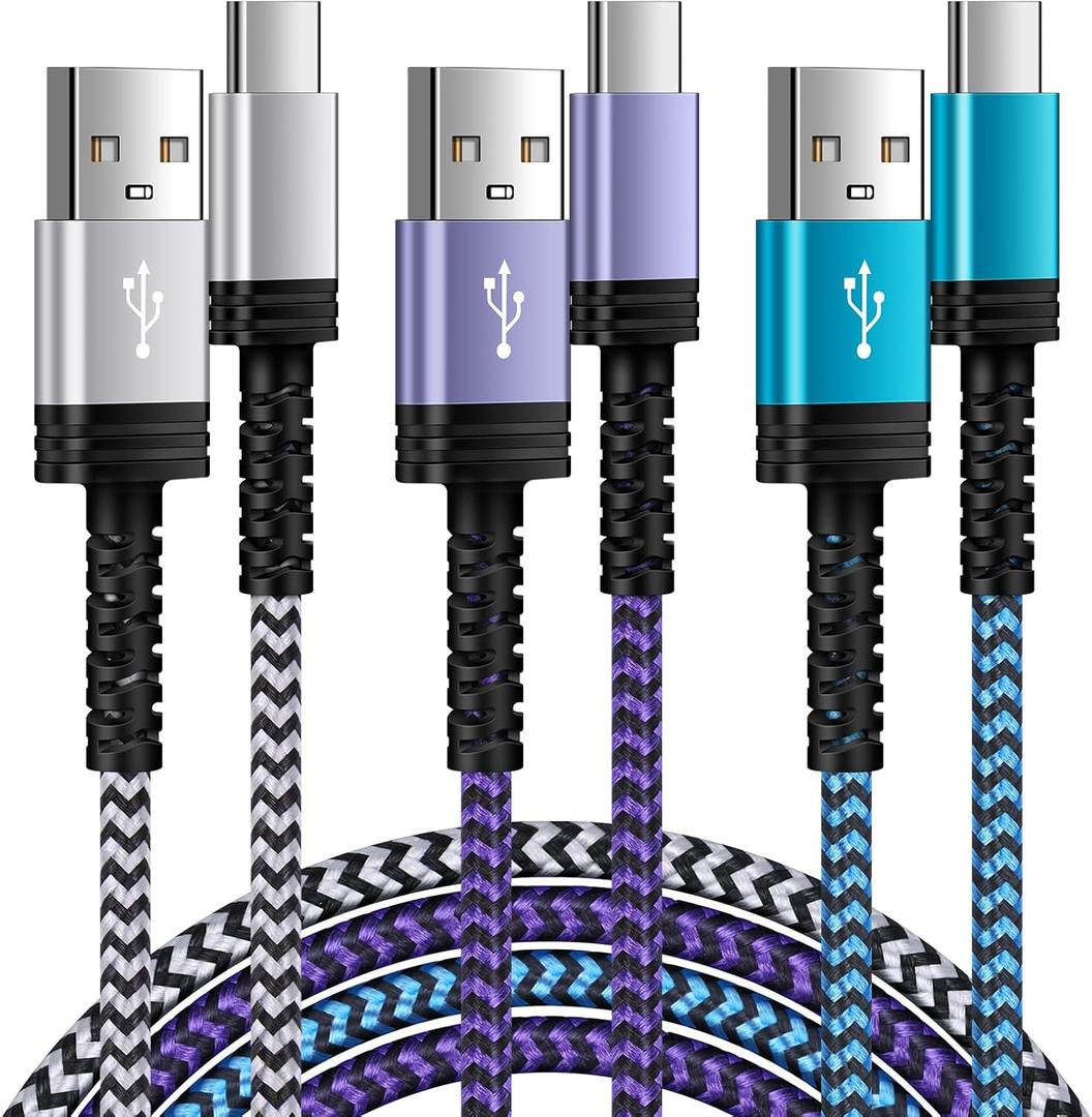 Type C Charger Cable Fast Charging, [10FT,3Pack] Long Android Phone Charger USB A to USB C Cord for Samsung Galaxy S26 Ultra S25 FE S24 A17 A54 A14 S23 S22 S21 Z Fold7 Flip7,Google Pixel 10a 9 Pro 8 7 (White,Blue,Purple)