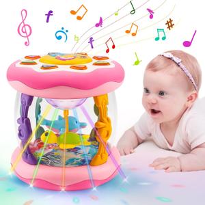 Baby Girl Toys 0-6 Months Ocean Projector Rotating Musical Light Up Tummy Time Toy Infant Aquarium 0-3 4 5 6 7 8 9 Months Crawling Toys Babies 6-12 Month Girls 1 2 Year Old Birthday Easter Gifts (Pink)