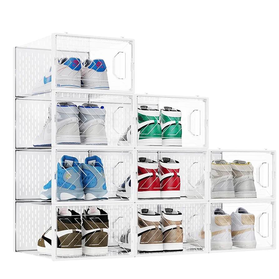 Larger Shoe Storage Boxes Organizers for Closet 9 Pack, Fit Size 11, Clear Plastic Stackable Sneaker Containers for Entryway, Space Saving Shoe Rack Bin Holder