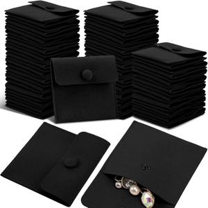 Bonuci Microfiber Jewelry Pouch 8x8cm, Jewelry Packaging Bag Luxury Small Gift Bags Package Snap Button with Divider Microfiber Bag for Bracelet Necklace Packaging (Black)