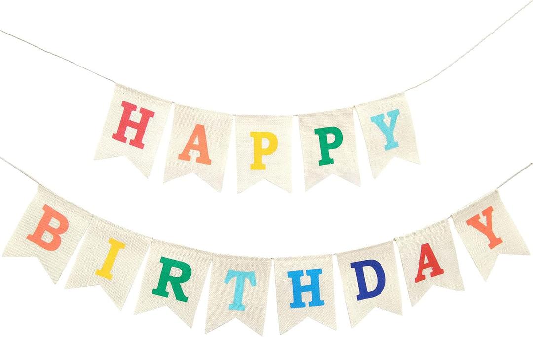 Colorful Happy Birthday Burlap Banner Assembled Durable Birthday Party Decoration Garland, Suitable For Boys Girls And Adults Party Decorations(Beige,Rainbow)
