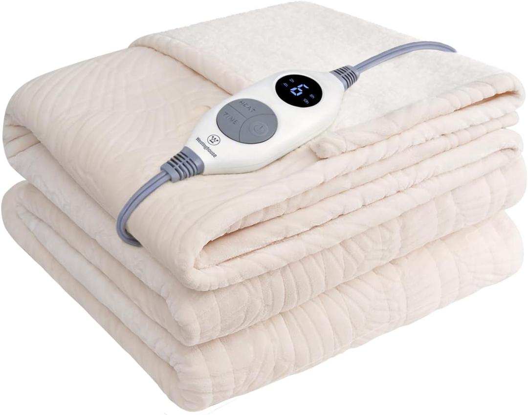 Westinghouse Heated Throw Blanket, Flower Jacquard Electric Blanket Throw with 6 Heating Levels and 2-10 Hours Auto-Off, Flannel to Sherpa Super Cozy Heated Blanket, Machine Washable (50" x 60" Beige)
