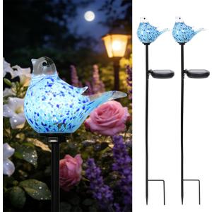 Solar Garden Lights Outdoor Blue Bird Hand-Blown Glass Stake | Hand Blown Glass Bird with Solar light, Weather Resistant, Easy Setup, Ideal for Lawn and Pathway Decor, 2 Pack Blue