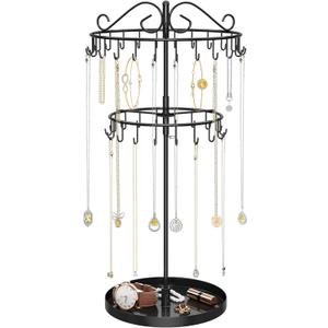 iDavosic.ly 2 Tier Rotating Necklace Organizer with Jewelry Tray, Adjustable Metal Necklace Holder with 42 Hooks, Extra Tall Bracelet Keychain Spinning Display Stand Tree Tower for Women, Black