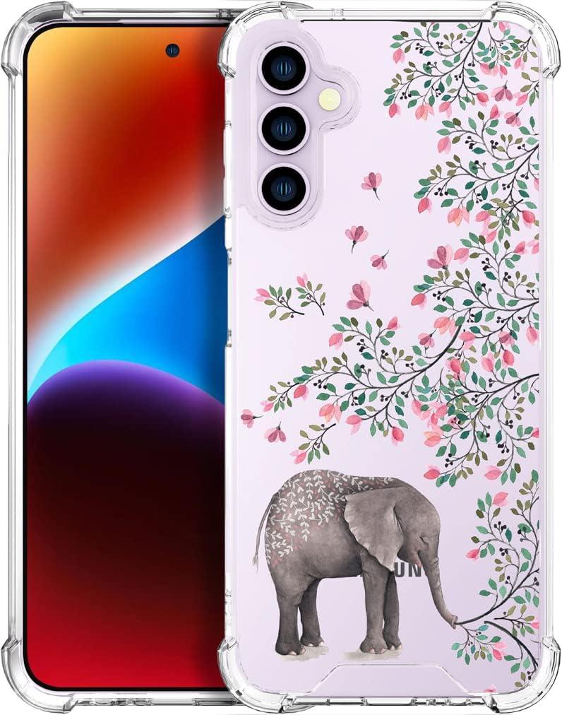 Compatible with Samsung Galaxy S23 Cases with Design, Cute Transparent Phone Case for Women Girls Girly with Heavy Duty Protective Bumper (Clear Elephant Flowers)