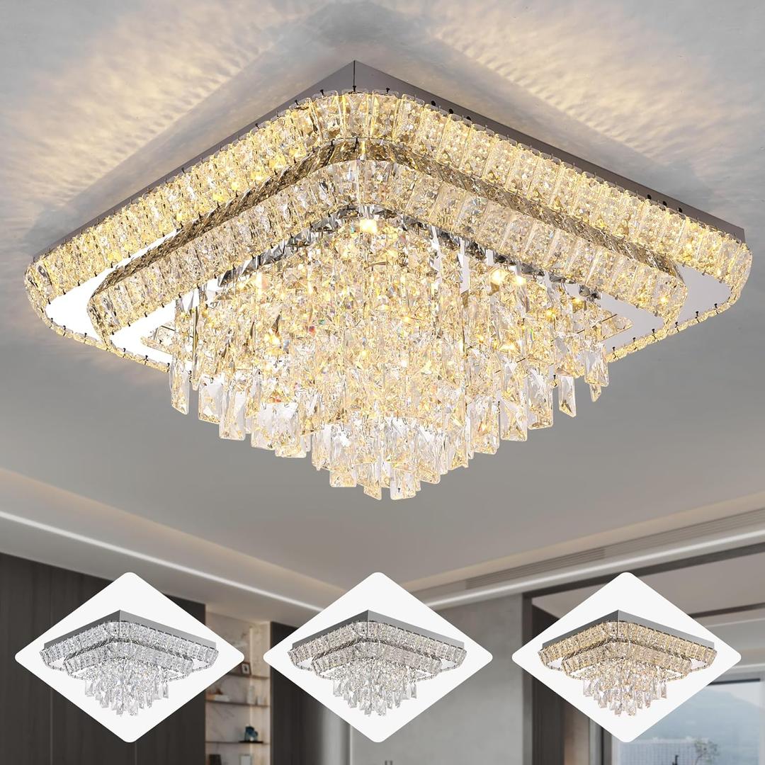 Elegant LED Crystal Raindrop Ceiling Light, 24 in Square Flush Mount Chandelier with Remote for Living Room Kitchen Island Bedroom Hallway Entryway Foyer (Dimmable) (Silver)