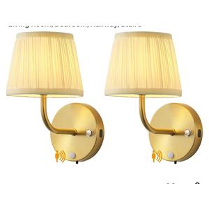 PUSU Motion Sensor Gold H9.6 inch Small Wall Sconces Set of 2, LED Cordless Rechargeable 5200mAh Battery Operated Fabric Wall Lamps with Remote, Lighting for Living Room, Bedroom, Hallway, Stairs