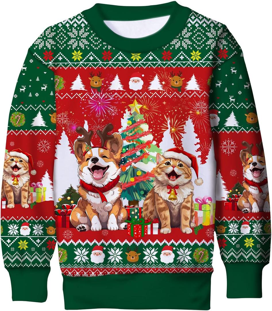 Enlifety 4-16T Kids Ugly Christmas Sweater Boys Xmas Sweatshirt Funny 3D Graphic Xmas Pullover (8-9 Years, Red Green)