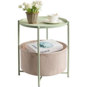 danpinera Round Side Table with Fabric Storage Basket, Metal Side Table Small Bedside Nightstand with Removable Tray Top for Living Room, Bedroom, Nursery, Laundry, Light Green, round, 17.71-inch diameter