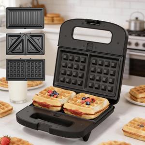 Sunvivi Waffle Iron, Panini Press Grill and Sandwich Maker Set, 3 in 1 Electric Sandwich Press with Removable Non-Stick Plates, Indicator Lights (Silver)