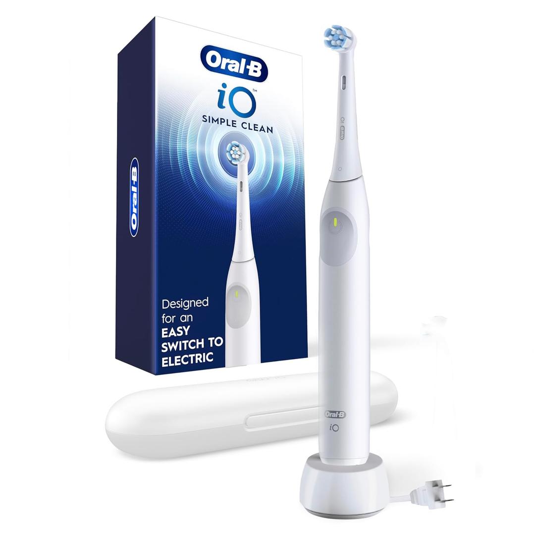 Oral-B iO Simple Clean Rechargeable Electric Powered Toothbrush, Pure White with 1 Gentle Care Brush Head and 1 White Travel Case - Automatic Pressure Sensor to Protect Gums - 3 Modes -2 Min Timer