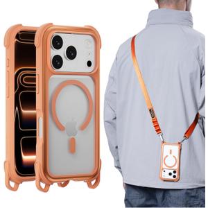 MAGEASY Compatible with iPhone 17 Pro 6.3" Case with Strap - 20ft Ultimate Drop Protection Compatible with MagSafe, Aluminum Frame | Odyssey Strap M (Coral)