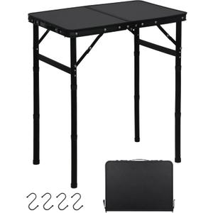 LOFTEY Small Folding Camping Table, 2ft Aluminum Portable Folding Table, 3 Adjustable Heights | Portable Handle | Lightweight for Travel & Outdoor, 23.6" x 15.7" x 27.5"H, Black