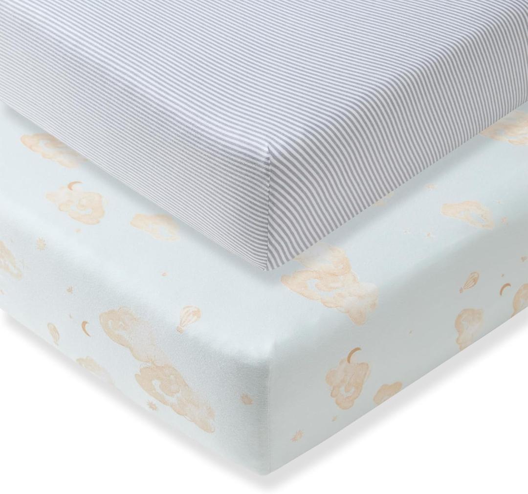 Burt's Bees Baby Essential Organic Cotton Fitted Crib Sheet, Breathable for Boy Girl Standard Crib & Toddler Mattresses (2-Pack, Good Night, Sky Blue)