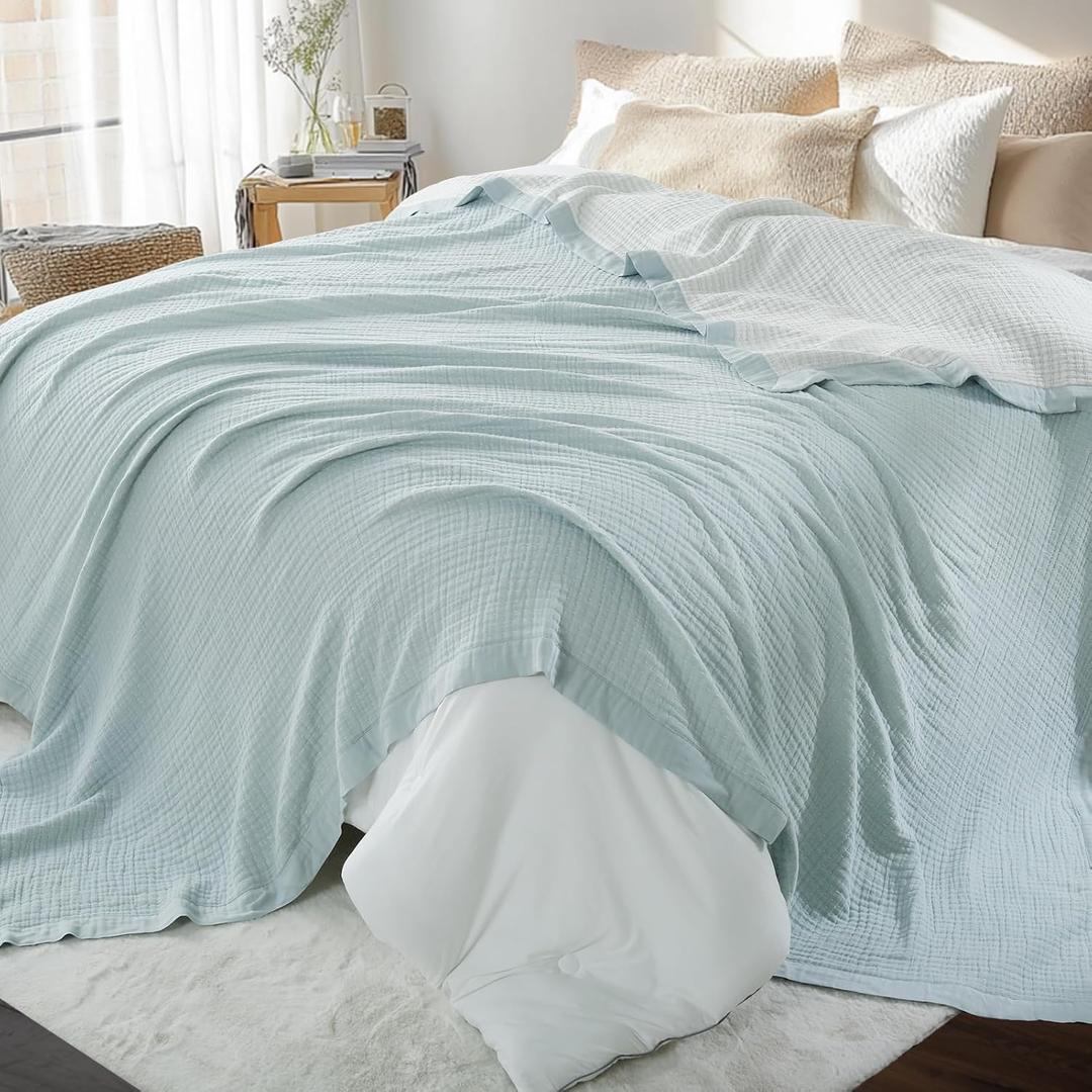 Cotton Muslin Blanket with Pick-Stitching and Satin Edgin, Lightweight Summer Blankets King Size, Muslin Blankets for Adults, Breathable Gauze Blanket for Bed, Blue,108x90 Inches