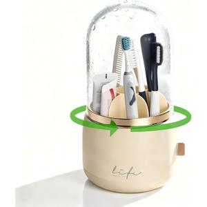 360 Rotating Toothbrush Holder for Bathroom, 7-Slot with Cover & Drainage for Electric Toothbrushes, Toothpaste, Razors - Stand Storage for Vanity, Bathroom Accessories, Countertop Organizer (Beige) (White)
