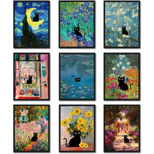 2 x Funny Black Cat Wall Art Set of 9, Cute Cat Animal Posters Prints Pictures, Vintage Monet Floral Famous Aesthetic Wall Decor Paintings for Living Room Bathroom Home Decor 12x16 Inch Unframed