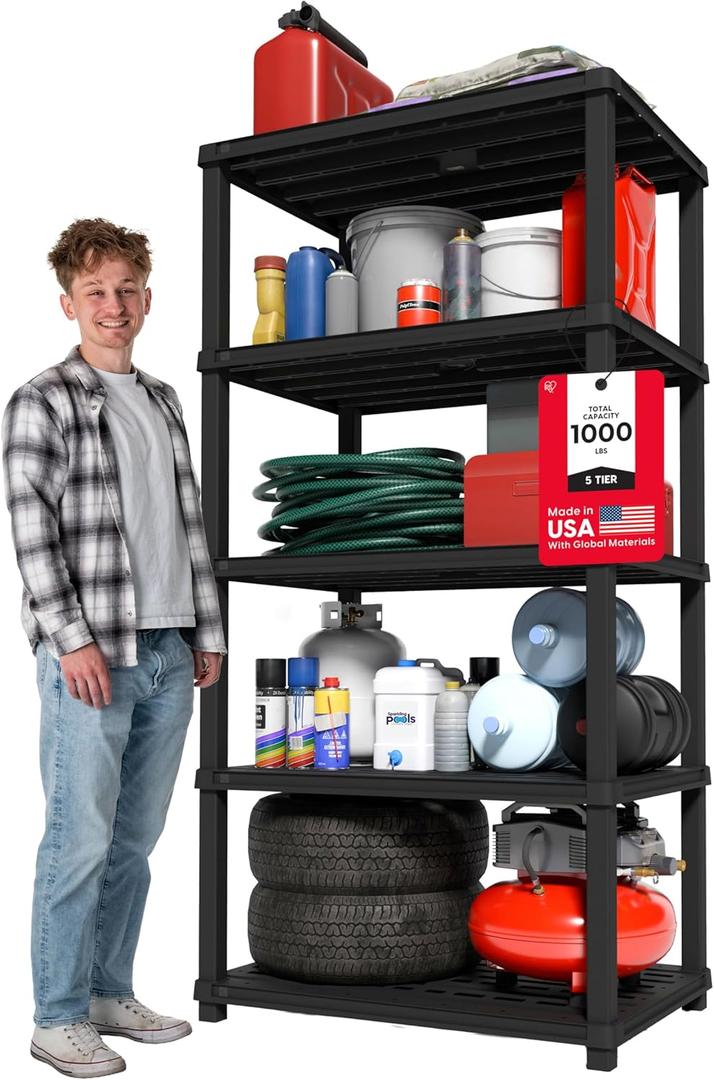 IRIS USA 5-Shelf Extra Heavy Duty Deep Plastic Storage Shelves, 1000lb Capacity, 75" H x 36" W x 24" D, Large Modular Shelving Unit Storage Organizer for Garage, Home, Warehouse & Gym, Rack - Black